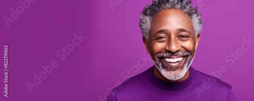 Purple Background Happy black american independant powerful man. Portrait of older mid aged person beautiful Smiling boy Isolated on Background ethnic diversity 