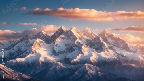 A mountain range is shown in the picture. The mountains are covered in snow. The sky is a mix of blue and yellow. There are clouds in the sky. The sun is rising or setting.

 photo
