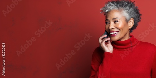 Red Background Happy black american independant powerful Woman realistic person portrait of older mid aged person beautiful Smiling girl Isolated on Background ethnic diversity
