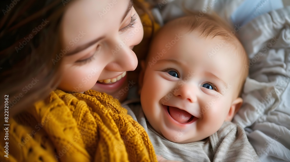 Baby - A mother gazes lovingly at her baby, their faces beaming with affection in this heartwarming portrait of parental bliss Baby - A mother gazes lovingly at her baby, their faces beaming with affection in this heartwarming portrait of parental bliss