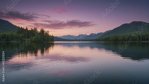 The image shows a peaceful lake at sunset with purple, pink, and blue water, trees, and mountains in the background.