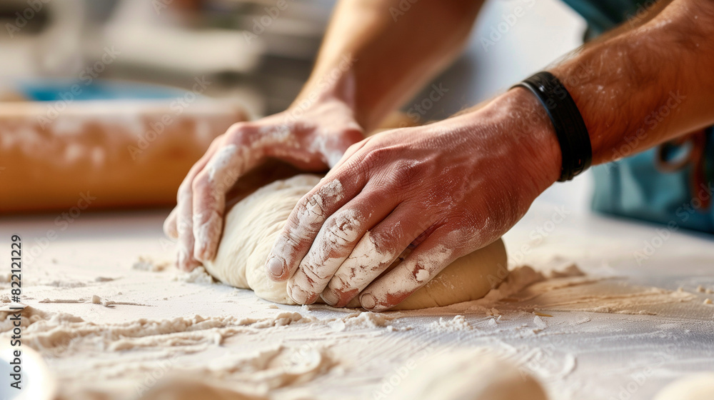 hands kneading dough on table hands kneading dough on table