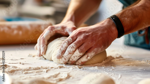 hands kneading dough on table
