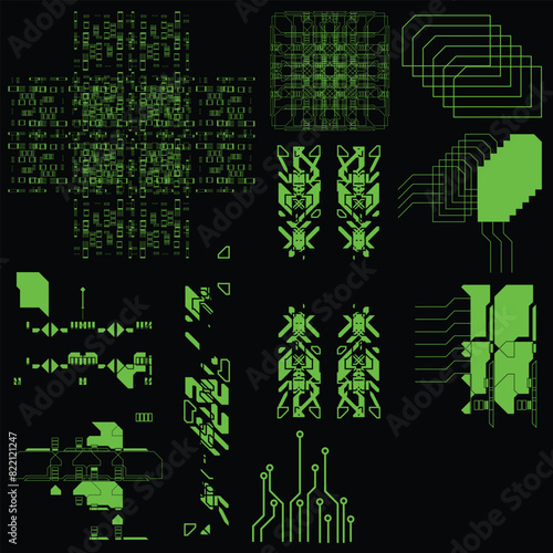 cyberpunk scifi gaming futuristic icon pattern HUD ux ui set collection template, 2d illustration rendering vector element