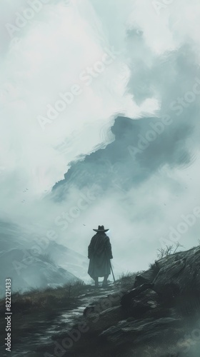 A lone figure wanders through misty mountains, shrouded in dense fog that obscures the rugged terrain.