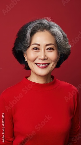 Red Background Happy Asian Woman Portrait of Beautiful Older Mid Aged Mature Smiling Woman good mood Isolated Anti-aging Skin Care Face Beauty Product Banner with copyspace 