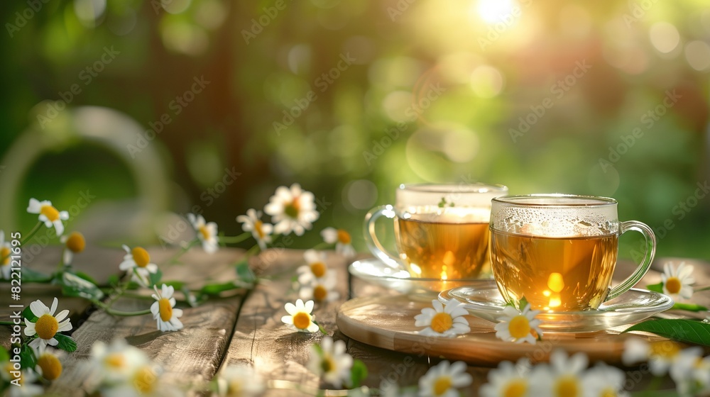 two cups of tea with daisies on a wooden table in the sun light two cups of tea with daisies on a wooden table in the sun light