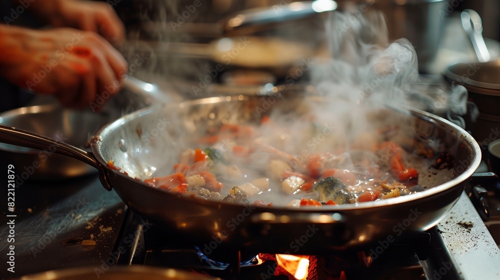 a pan of food is being cooked on the stove top a pan of food is being cooked on the stove top