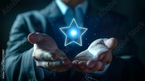 A person in a suit holding a glowing blue star with both hands, symbolizing achievement, success, and excellence in a futuristic setting. photo