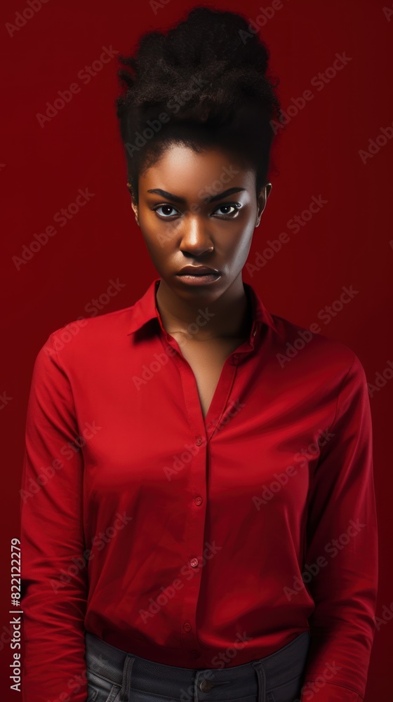 Red background sad black independant powerful Woman realistic person portrait of young beautiful bad mood expression girl Isolated on Background racism skin color depression anxiety fear burn