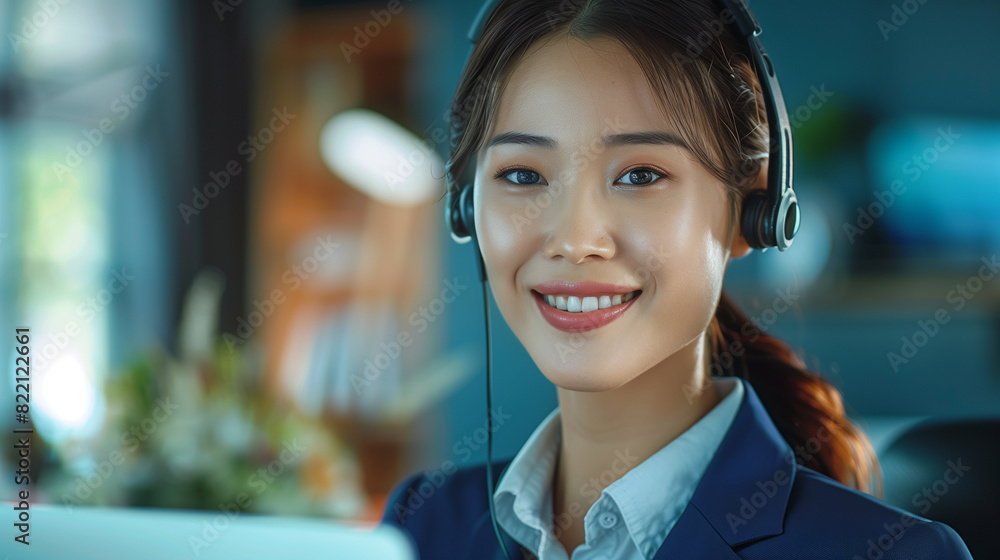 wide cinematic smiling smart-casual asian mature woman in 30s in blue suit , wearing headset, in the style of cinematic advertising, office, office blue background, blue room wide cinematic smiling smart-casual asian mature woman in 30s in blue suit , wearing headset, in the style of cinematic advertising, office, office blue background, blue room