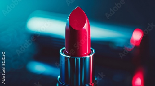 a red lipstick is sitting on a table photo