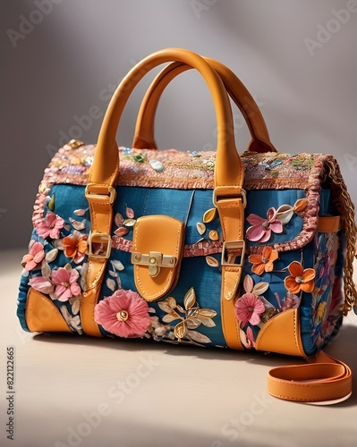 Trendy handbags made from scraps of fabric and used plastic. recycled material fashion concept photo