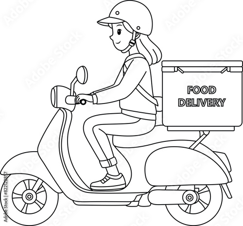 Food delivery woman riding motorcycle coloring page. Shipping fast delivery man riding motorcycle icon symbol, Vector illustration