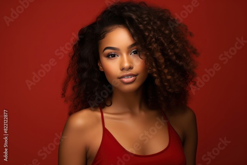 Red background Happy black independant powerful Woman realistic person portrait of young beautiful Smiling girl Isolated on Background ethnic diversity equality acceptance concept 