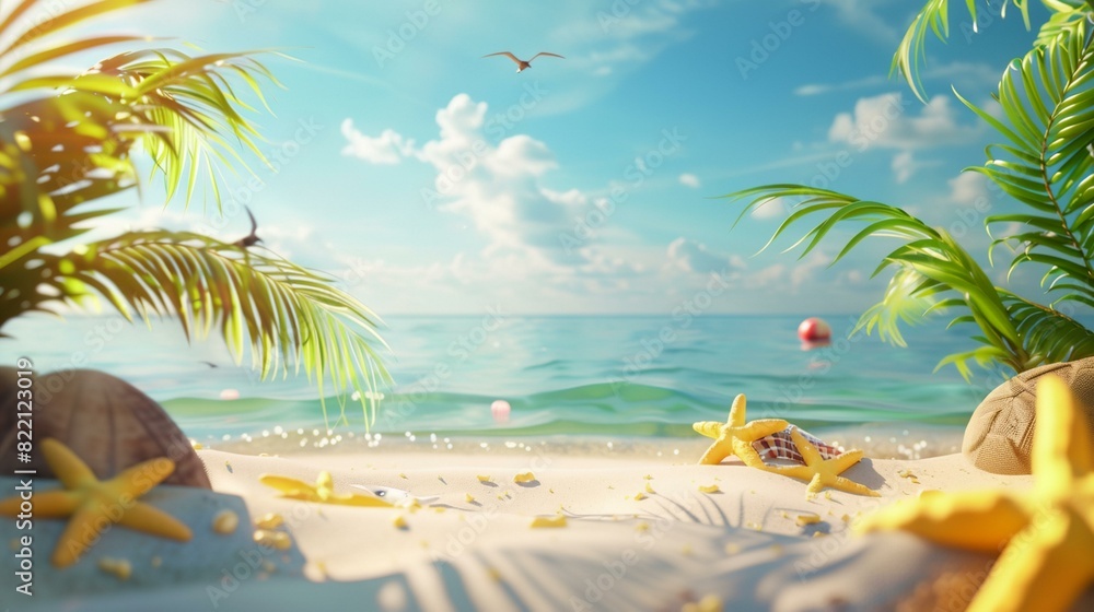 Naklejka premium a beach scene with starfish and palm trees