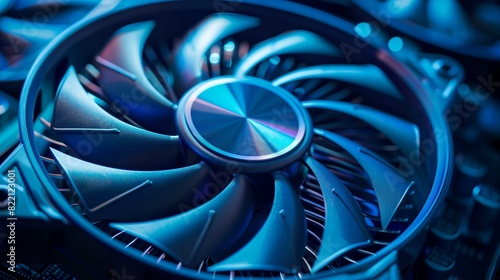 a close up of a computer fan with a blue light