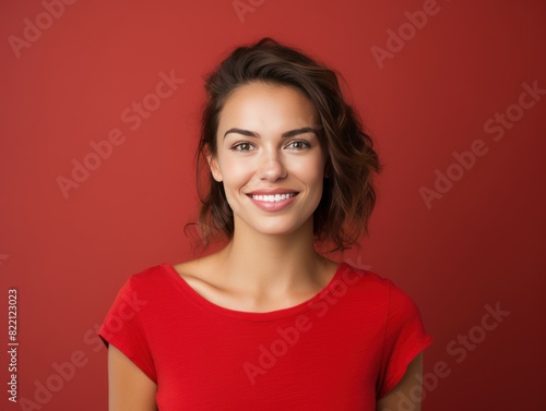 Red background Happy european white Woman realistic person portrait of young beautiful Smiling Woman Isolated on Background ethnic diversity equality acceptance concept with copyspace 