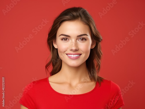 Red background Happy european white Woman realistic person portrait of young beautiful Smiling Woman Isolated on Background ethnic diversity equality acceptance concept with copyspace  © Zickert