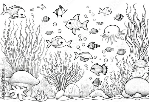 an outline drawing coloring page of fish octopus and corals in black and white