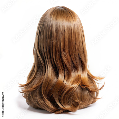 The image features the back of a long, wavy, auburn wig on a white background.