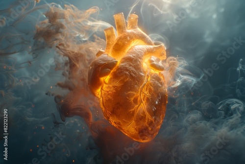 Glowing human heart with luminous veins surrounded by swirling smoke
