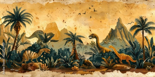 Prehistoric landscape with dinosaurs and palm trees photo