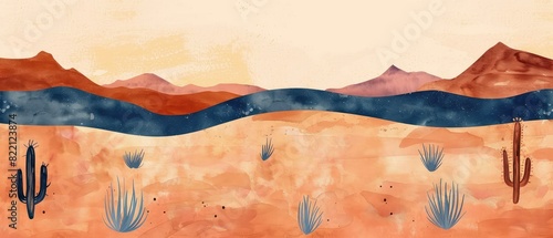 Desert landscape with mountains and cactus.