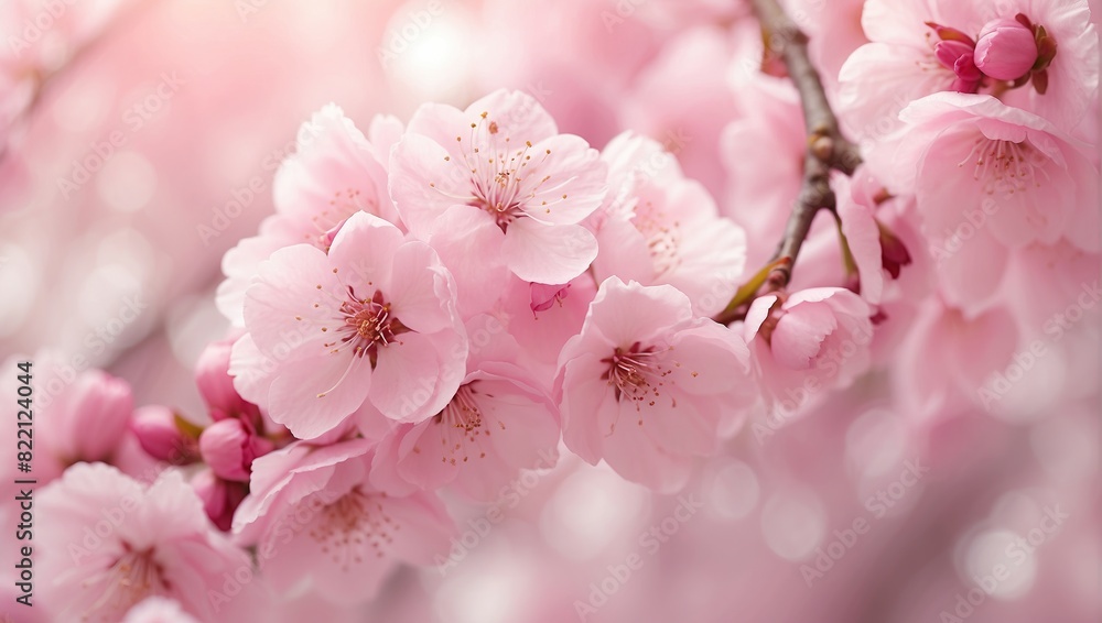 A close-up of a branch of delicate pink cherry blossoms with a blurred background.

