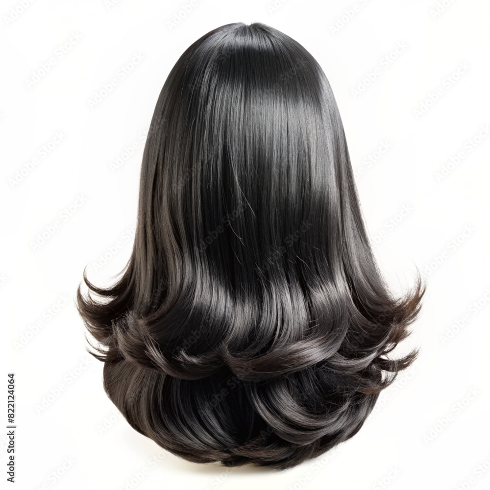 A long, layered black wig with bangs is shown from the back. A long, layered black wig with bangs is shown from the back.