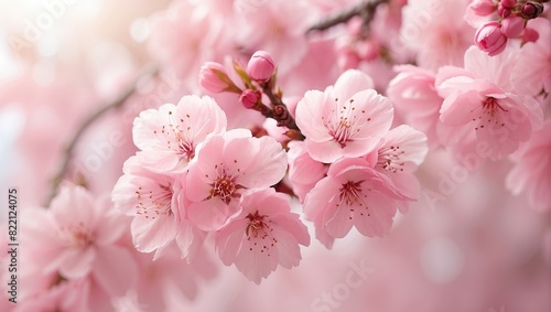 A close-up of a branch of delicate pink cherry blossoms with a blurred background.