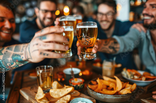 A group of friends were having fun at the bar  clinking beer glasses and enjoying the food in front of them  sitting around a table with snacks on it. They looked happy and were laughing