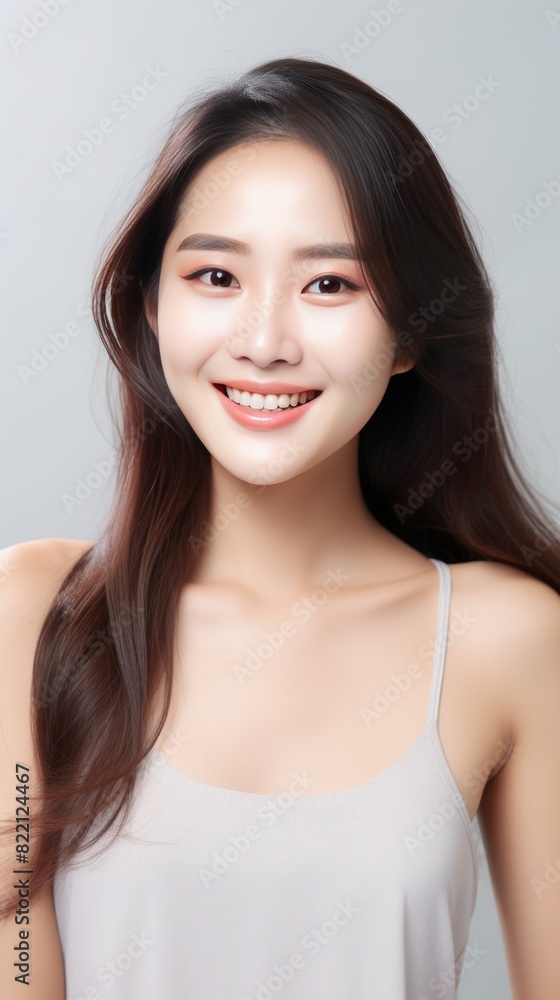 Silver background Happy Asian Woman Portrait of young beautiful Smiling Woman good mood Isolated on Background Skin Care Face Beauty Product Banner with copyspace 
