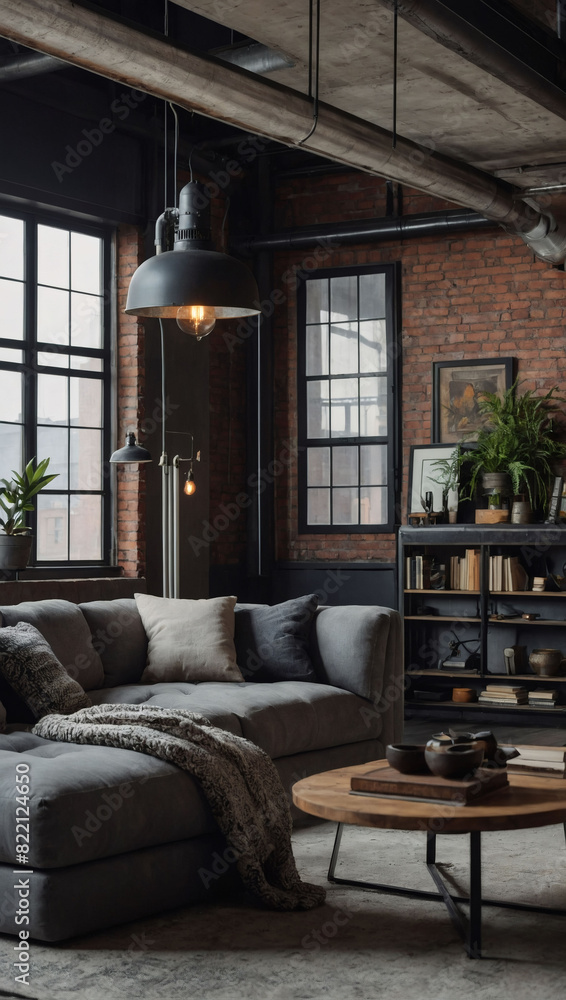 Modern loft living room with industrial decor