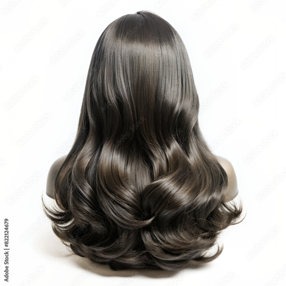 A mannequin head with long, wavy dark hair. A mannequin head with long, wavy dark hair.