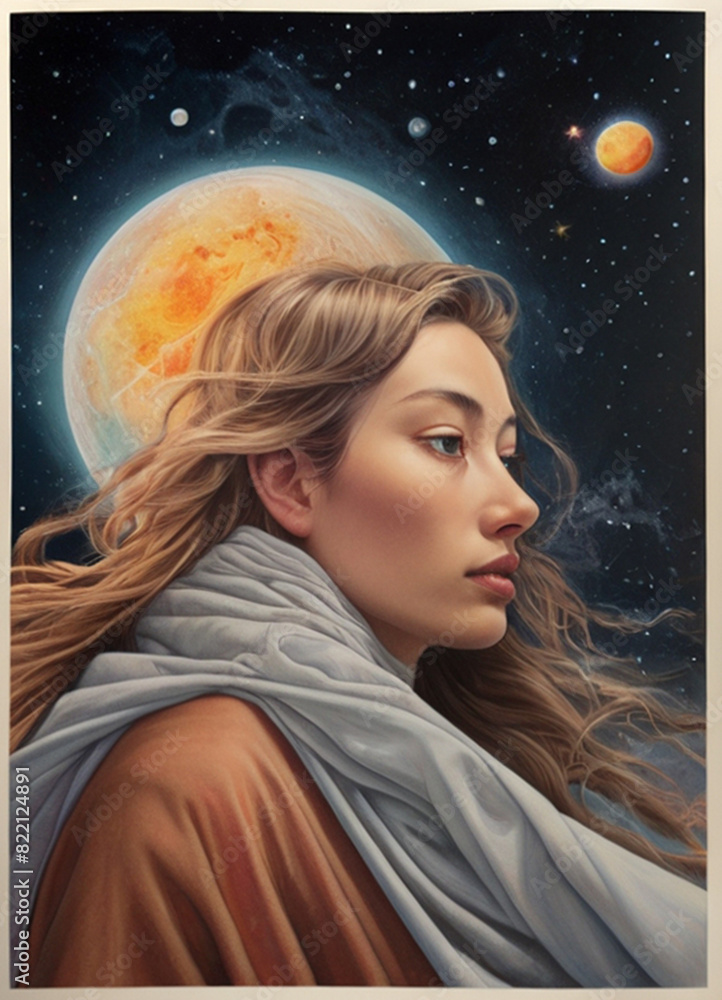 Woman in galactic space. Concept of embracing femininity and unleashing inner goddess, feminine energy, spirituality, meditation, cosmic unity, awareness. Woman in galactic space. Concept of embracing femininity and unleashing inner goddess, feminine energy, spirituality, meditation, cosmic unity, awareness.