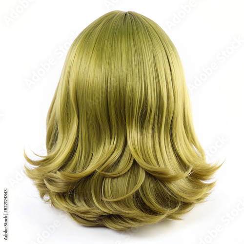 The image features the back of a olive wig with long layers and a center part. The wig has a natural look with olive hues and appears to be made of synthetic fibers. The background is white 