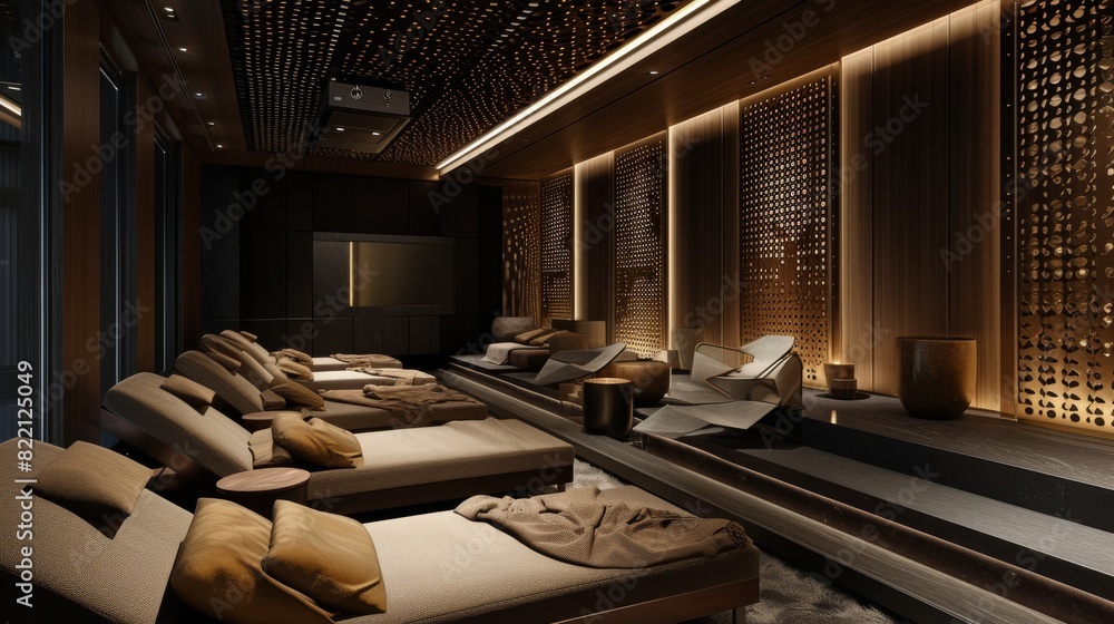 View of A modern home theater featuring a futuristic design with illuminated ...