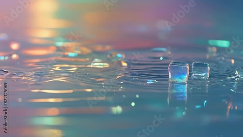 water droplets on a surface fluid with a colorful and reflective background. shimmering, iridescent effect abstract background.  photo