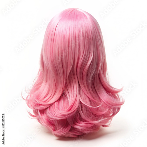The image features the back of a pink wig with long, wavy hair. The wig has a center part and sits on a white background.