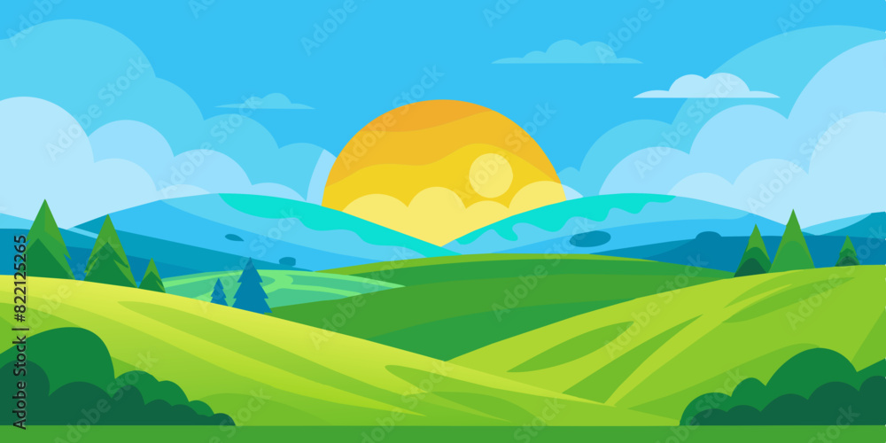 Fototapeta premium Vector Illustration of beautiful summer fields landscape with a dawn, green hills, bright color blue sky background
