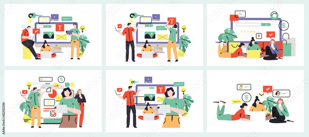 Web page design template for designing and programming vector illustration. Man working on mobile application, coding and prototyping web page. Web landing page design. Web page design template for designing and programming vector illustration. Man working on mobile application, coding and prototyping web page. Web landing page design.