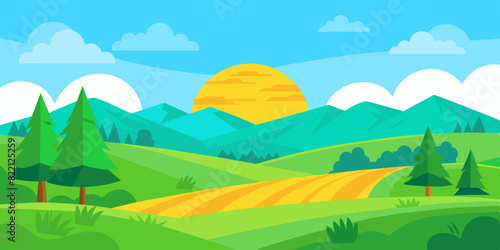 Vector Illustration of beautiful summer fields landscape with a dawn  green hills  bright color blue sky background