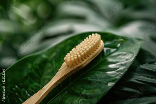 A close-up shot of a bamboo toothbrush with biodegradable bristles  placed on a green leaf  emphasizing its natural materials and sustainability against a vibrant  eco-friendly backdrop