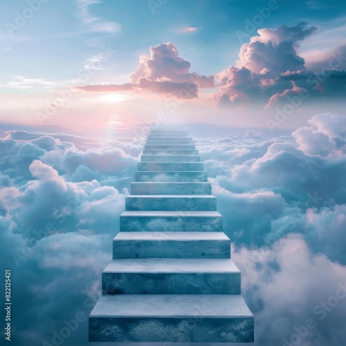 A staircase that leads into the clouds, with each step named after a milestone in life, symbolizing the ascent through personal achievements photo
