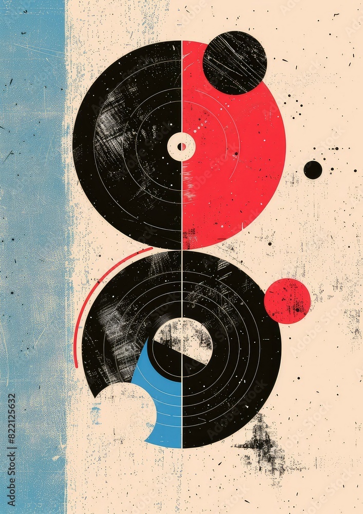Abstract painting. Black circle divided in two colors, red and blue, with white circle in the middle. Abstract painting. Black circle divided in two colors, red and blue, with white circle in the middle.