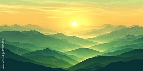 Silhouette of a Mountain at Dusk Abstract Illustration with a green and yellow color concept, Silhouette of a Peak at Sunset. © Jennyfer