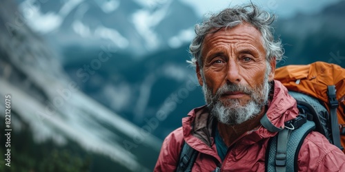 Serious elderly man, backpacked and determined, explores mountain trails, embodying freedom and adventurous spirit