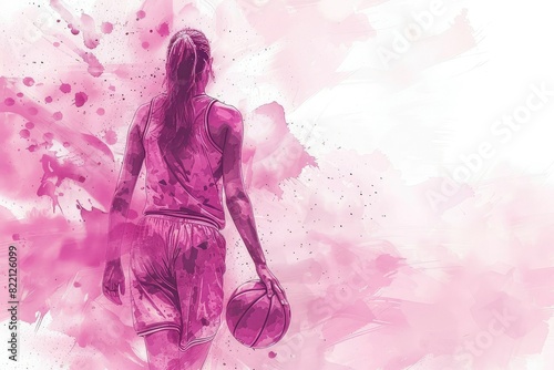 A watercolor painting of a female basketball player in a pink uniform dribbling the ball.