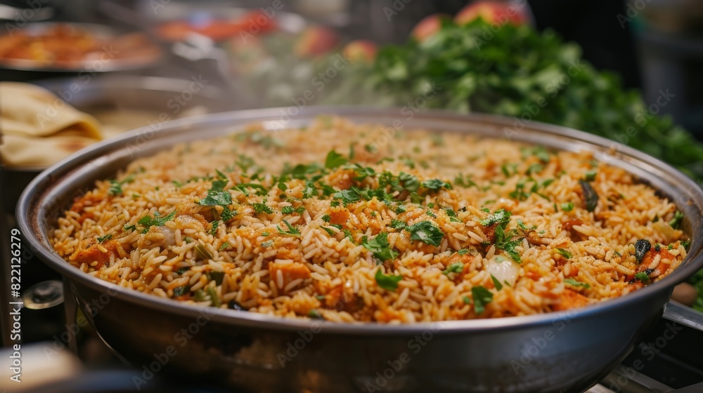 A large pan filled with aromatic vegetable biryani garnished with fresh herbs, highlighting vibrant colors and textures, suitable for festive or casual dining. A large pan filled with aromatic vegetable biryani garnished with fresh herbs, highlighting vibrant colors and textures, suitable for festive or casual dining.